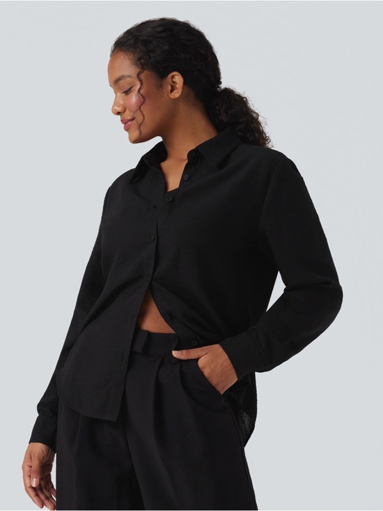 Halara Linen-Feel Button Down Shirt Black Long Sleeve Curved Hem NWT M - Picture 3 of 7